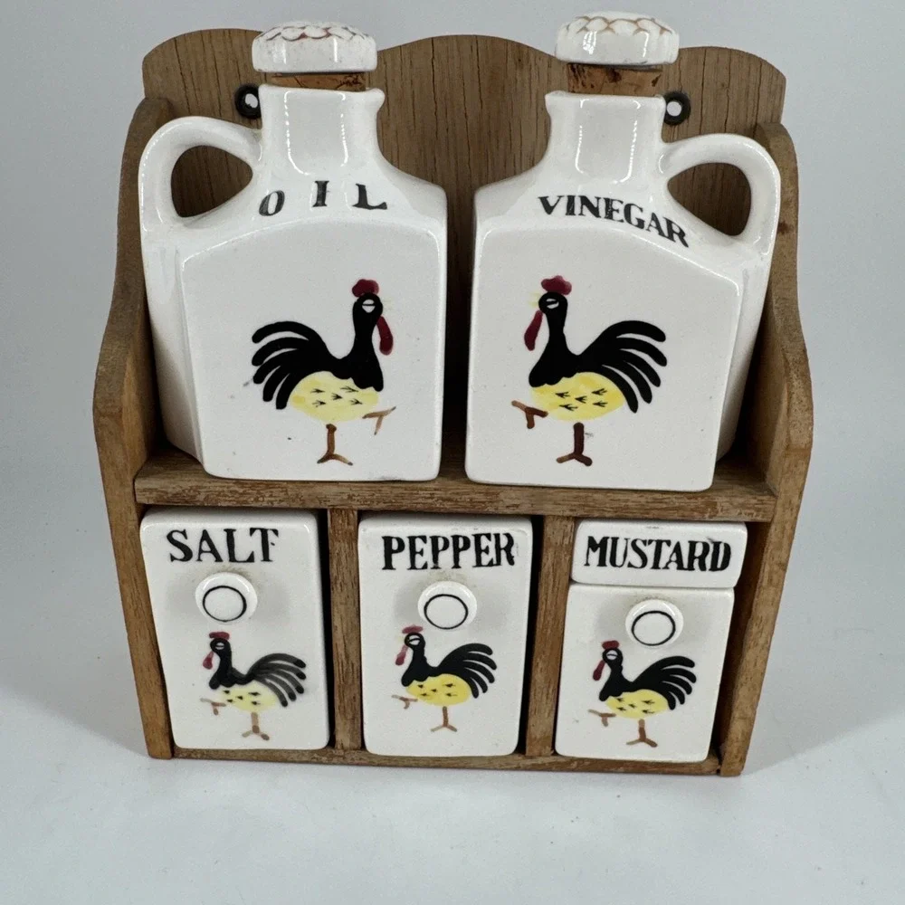 Condiments Set Oil Vinegar Salt Pepper Shaker Mustard Jar Made In Japan Vintage‎
